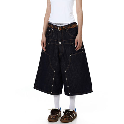TALKLESSFASHION BLACKLISTS American deconstructed topline design sense riveted denim cropped pants men's and women's fake two-piece cargo shorts