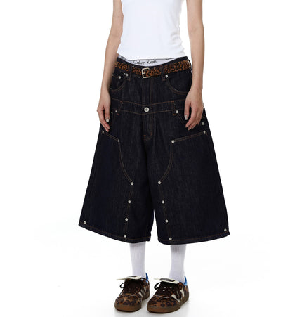 TALKLESSFASHION BLACKLISTS American deconstructed topline design sense riveted denim cropped pants men's and women's fake two-piece cargo shorts