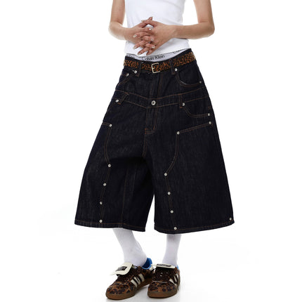 TALKLESSFASHION BLACKLISTS American deconstructed topline design sense riveted denim cropped pants men's and women's fake two-piece cargo shorts
