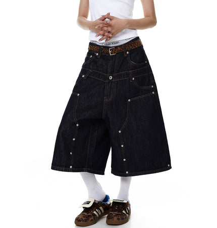 TALKLESSFASHION BLACKLISTS American deconstructed topline design sense riveted denim cropped pants men's and women's fake two-piece cargo shorts