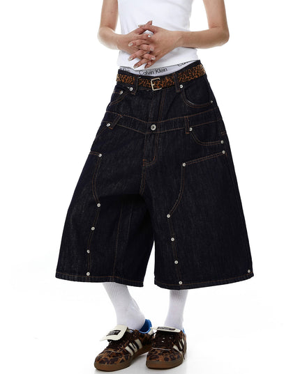 TALKLESSFASHION BLACKLISTS American deconstructed topline design sense riveted denim cropped pants men's and women's fake two-piece cargo shorts