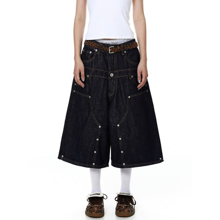 TALKLESSFASHION BLACKLISTS American deconstructed topline design sense riveted denim cropped pants men's and women's fake two-piece cargo shorts