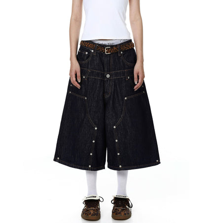 TALKLESSFASHION BLACKLISTS American deconstructed topline design sense riveted denim cropped pants men's and women's fake two-piece cargo shorts