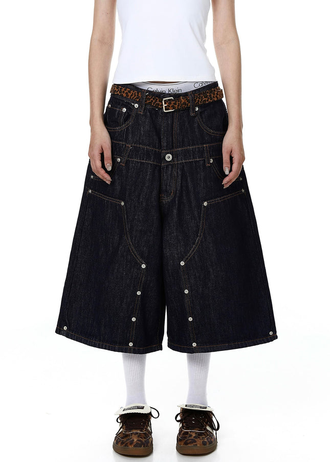 TALKLESSFASHION BLACKLISTS American deconstructed topline design sense riveted denim cropped pants men's and women's fake two-piece cargo shorts