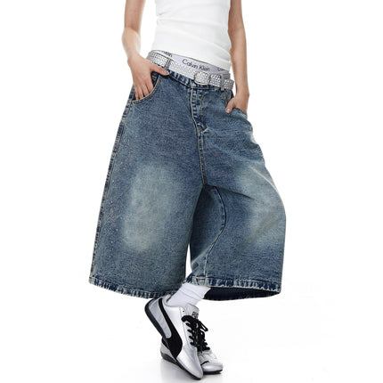TALKLESSFASHION BLACKLISTS American heavy industry star hot diamond primary color denim cropped pants men's and women's design wide-leg shorts summer