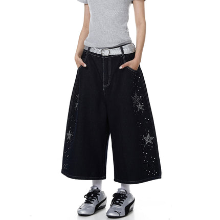 TALKLESSFASHION BLACKLISTS American heavy industry star hot diamond primary color denim cropped pants men's and women's design wide-leg shorts summer