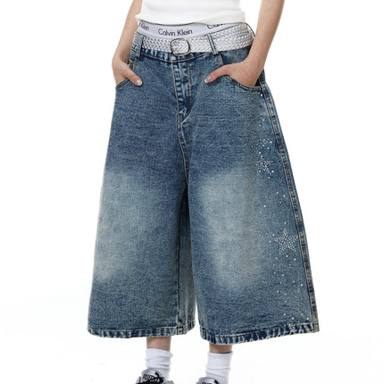 TALKLESSFASHION BLACKLISTS American heavy industry star hot diamond primary color denim cropped pants men's and women's design wide-leg shorts summer