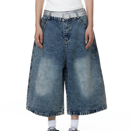 TALKLESSFASHION BLACKLISTS American heavy industry star hot diamond primary color denim cropped pants men's and women's design wide-leg shorts summer