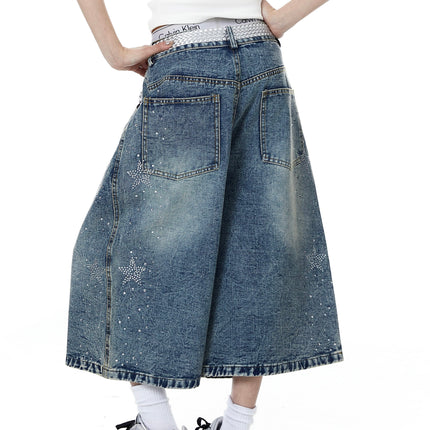 TALKLESSFASHION BLACKLISTS American heavy industry star hot diamond primary color denim cropped pants men's and women's design wide-leg shorts summer