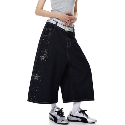 TALKLESSFASHION BLACKLISTS American heavy industry star hot diamond primary color denim cropped pants men's and women's design wide-leg shorts summer