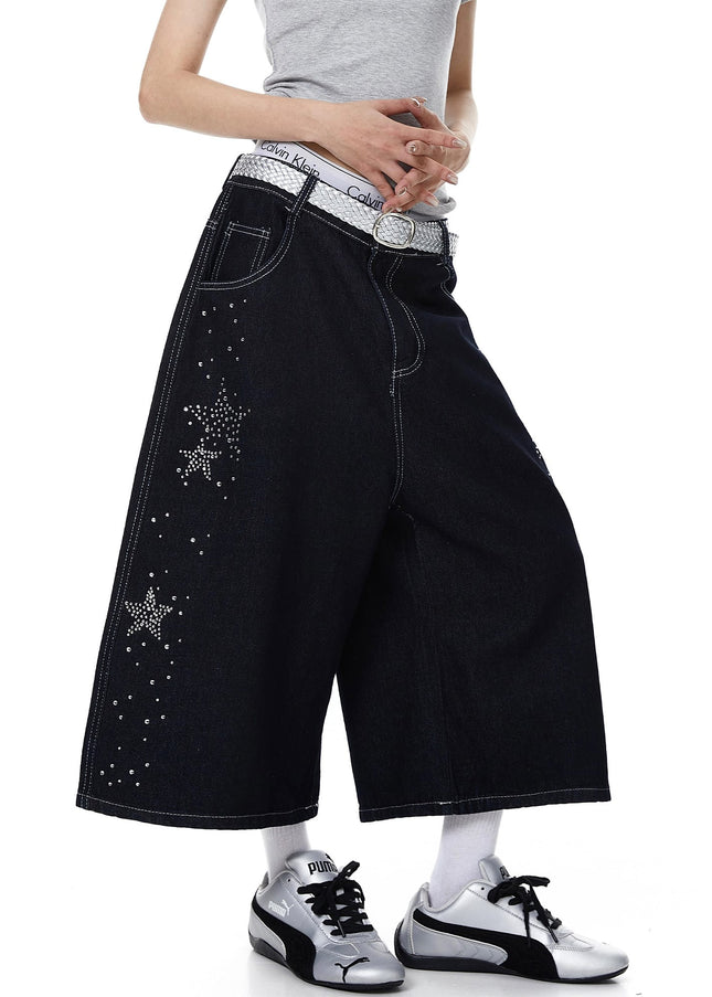 TALKLESSFASHION BLACKLISTS American heavy industry star hot diamond primary color denim cropped pants men's and women's design wide-leg shorts summer