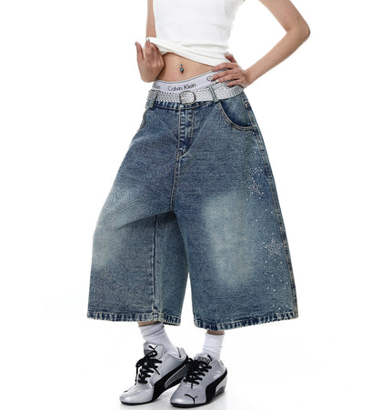 THETLSTUDIO BLACKLISTS American heavy industry star hot diamond primary color denim cropped pants men's and women's design wide-leg shorts summer