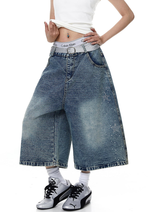 TALKLESSFASHION BLACKLISTS American heavy industry star hot diamond primary color denim cropped pants men's and women's design wide-leg shorts summer