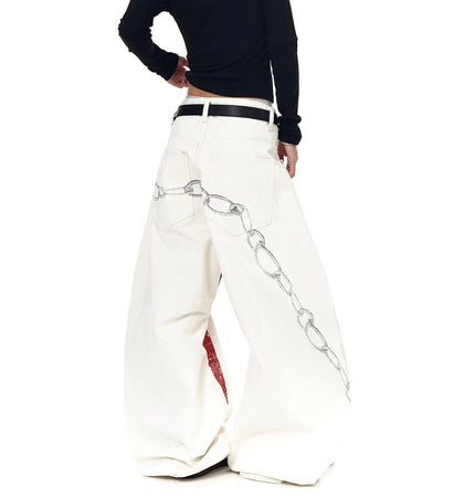 TALKLESSFASHION BLACKLISTS American High Street Distressed 3D Print Deconstructed Scimitar Jeans Men's and Women's Loose Wide-Leg Sickle Pants