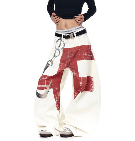 TALKLESSFASHION BLACKLISTS American High Street Distressed 3D Print Deconstructed Scimitar Jeans Men's and Women's Loose Wide-Leg Sickle Pants