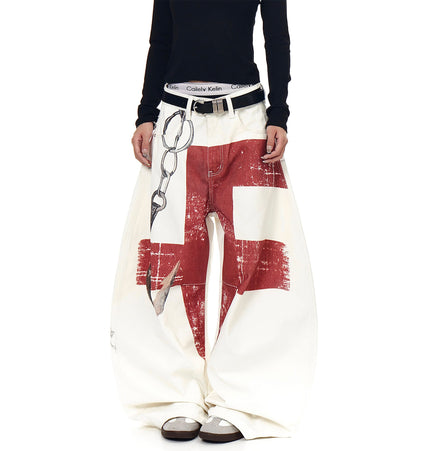 TALKLESSFASHION BLACKLISTS American High Street Distressed 3D Print Deconstructed Scimitar Jeans Men's and Women's Loose Wide-Leg Sickle Pants