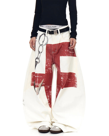 TALKLESSFASHION BLACKLISTS American High Street Distressed 3D Print Deconstructed Scimitar Jeans Men's and Women's Loose Wide-Leg Sickle Pants