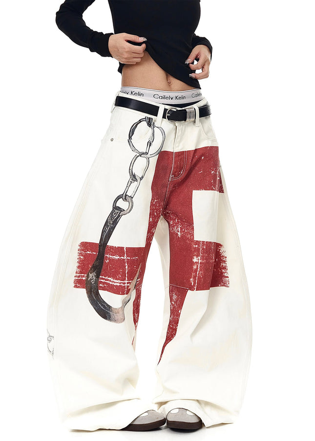 TALKLESSFASHION BLACKLISTS American High Street Distressed 3D Print Deconstructed Scimitar Jeans Men's and Women's Loose Wide-Leg Sickle Pants