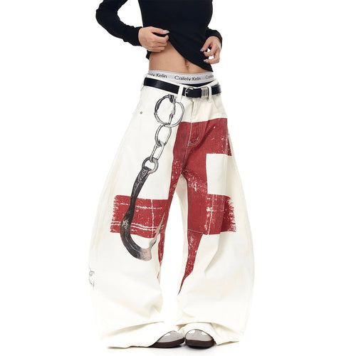 THETLSTUDIO BLACKLISTS American High Street Distressed 3D Print Deconstructed Scimitar Jeans Men's and Women's Loose Wide-Leg Sickle Pants