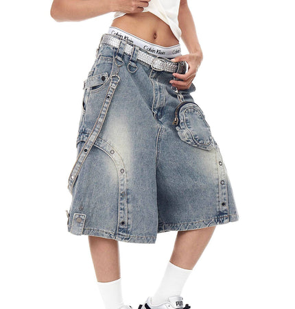 TALKLESSFASHION BLACKLISTS American high street heavy industry patchwork denim shorts men's and women's Abi punk cargo cropped pants