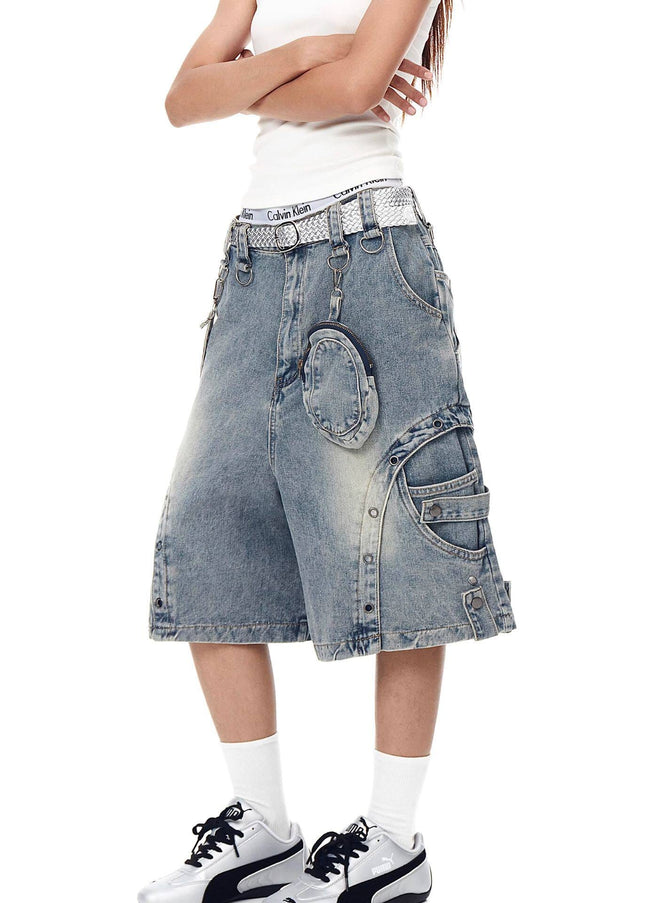 TALKLESSFASHION BLACKLISTS American high street heavy industry patchwork denim shorts men's and women's Abi punk cargo cropped pants