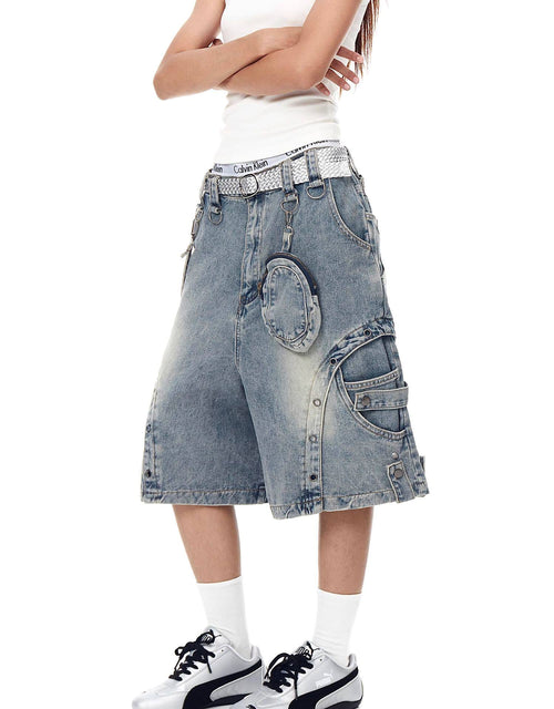 THETLSTUDIO BLACKLISTS American high street heavy industry patchwork denim shorts men's and women's Abi punk cargo cropped pants