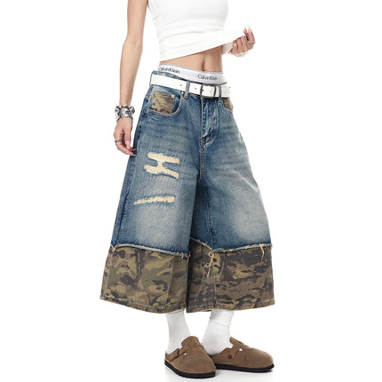 TALKLESSFASHION BLACKLISTS American retro camouflage stitching destruction denim shorts cropped loose wide-leg cropped pants for men and women