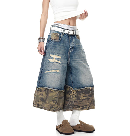 TALKLESSFASHION BLACKLISTS American retro camouflage stitching destruction denim shorts cropped loose wide-leg cropped pants for men and women
