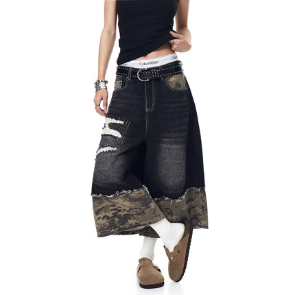 TALKLESSFASHION BLACKLISTS American retro camouflage stitching destruction denim shorts cropped loose wide-leg cropped pants for men and women