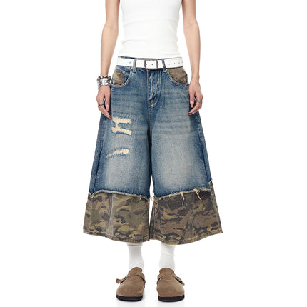 TALKLESSFASHION BLACKLISTS American retro camouflage stitching destruction denim shorts cropped loose wide-leg cropped pants for men and women