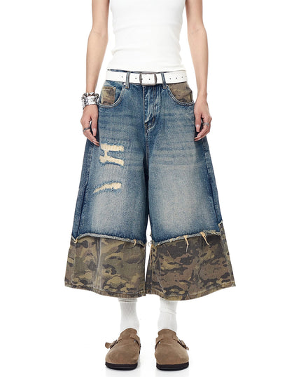 TALKLESSFASHION BLACKLISTS American retro camouflage stitching destruction denim shorts cropped loose wide-leg cropped pants for men and women