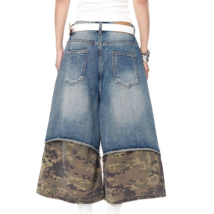 TALKLESSFASHION BLACKLISTS American retro camouflage stitching destruction denim shorts cropped loose wide-leg cropped pants for men and women
