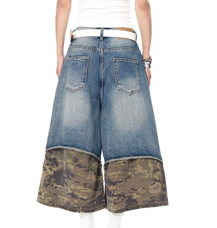 TALKLESSFASHION BLACKLISTS American retro camouflage stitching destruction denim shorts cropped loose wide-leg cropped pants for men and women