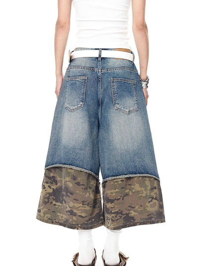 TALKLESSFASHION BLACKLISTS American retro camouflage stitching destruction denim shorts cropped loose wide-leg cropped pants for men and women