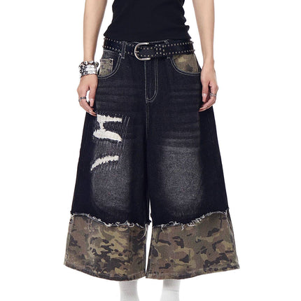TALKLESSFASHION BLACKLISTS American retro camouflage stitching destruction denim shorts cropped loose wide-leg cropped pants for men and women