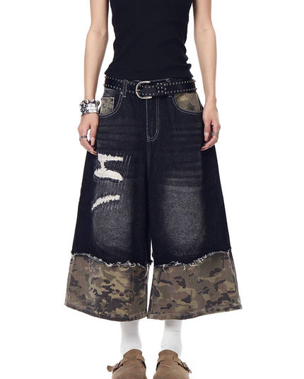 TALKLESSFASHION BLACKLISTS American retro camouflage stitching destruction denim shorts cropped loose wide-leg cropped pants for men and women