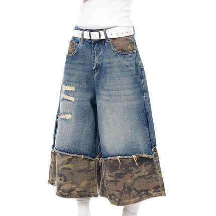 TALKLESSFASHION BLACKLISTS American retro camouflage stitching destruction denim shorts cropped loose wide-leg cropped pants for men and women