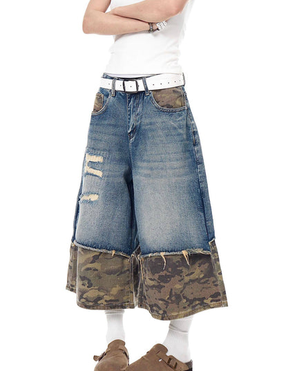 TALKLESSFASHION BLACKLISTS American retro camouflage stitching destruction denim shorts cropped loose wide-leg cropped pants for men and women