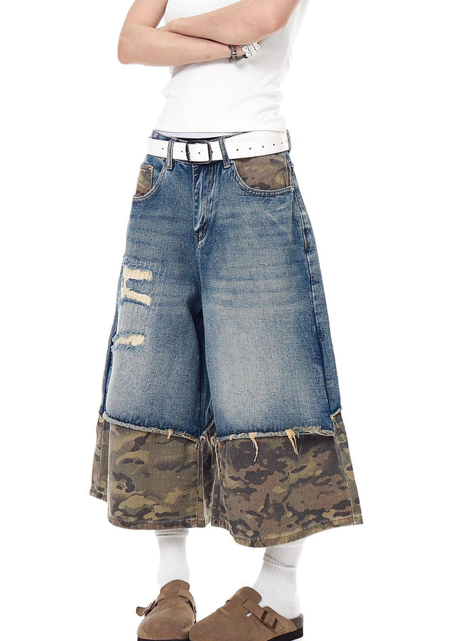 TALKLESSFASHION BLACKLISTS American retro camouflage stitching destruction denim shorts cropped loose wide-leg cropped pants for men and women