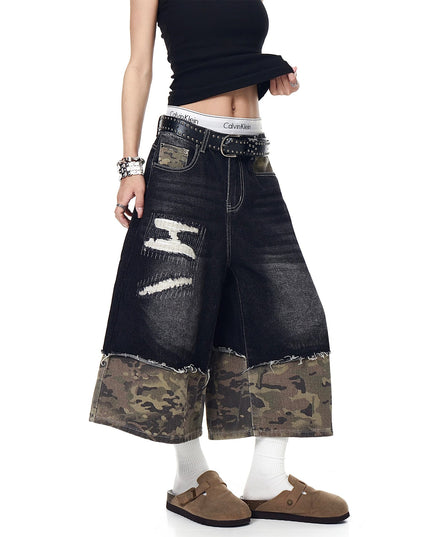 TALKLESSFASHION BLACKLISTS American retro camouflage stitching destruction denim shorts cropped loose wide-leg cropped pants for men and women