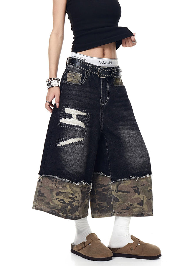 TALKLESSFASHION BLACKLISTS American retro camouflage stitching destruction denim shorts cropped loose wide-leg cropped pants for men and women