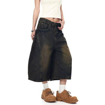 TALKLESSFASHION BLACKLISTS American retro deconstructed silhouette washed scimitar denim shorts cropped wide-leg cropped pants for men and women