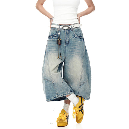 TALKLESSFASHION BLACKLISTS American retro deconstructed silhouette washed scimitar denim shorts cropped wide-leg cropped pants for men and women