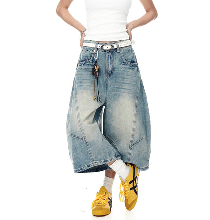 TALKLESSFASHION BLACKLISTS American retro deconstructed silhouette washed scimitar denim shorts cropped wide-leg cropped pants for men and women
