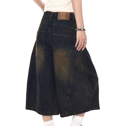 TALKLESSFASHION BLACKLISTS American retro deconstructed silhouette washed scimitar denim shorts cropped wide-leg cropped pants for men and women