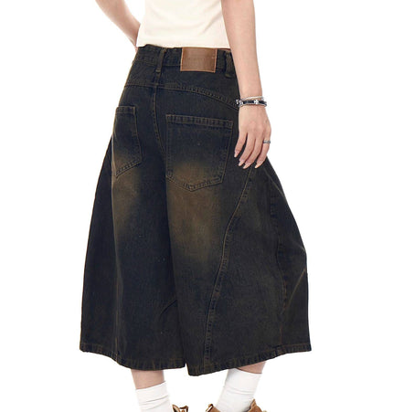TALKLESSFASHION BLACKLISTS American retro deconstructed silhouette washed scimitar denim shorts cropped wide-leg cropped pants for men and women