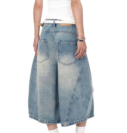 TALKLESSFASHION BLACKLISTS American retro deconstructed silhouette washed scimitar denim shorts cropped wide-leg cropped pants for men and women