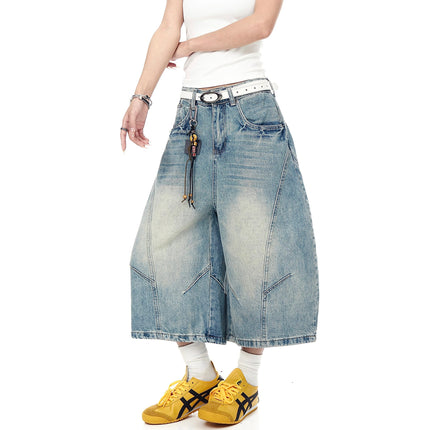 TALKLESSFASHION BLACKLISTS American retro deconstructed silhouette washed scimitar denim shorts cropped wide-leg cropped pants for men and women