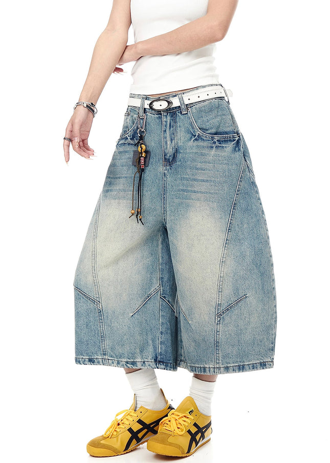 TALKLESSFASHION BLACKLISTS American retro deconstructed silhouette washed scimitar denim shorts cropped wide-leg cropped pants for men and women