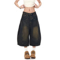 TALKLESSFASHION BLACKLISTS American retro deconstructed silhouette washed scimitar denim shorts cropped wide-leg cropped pants for men and women